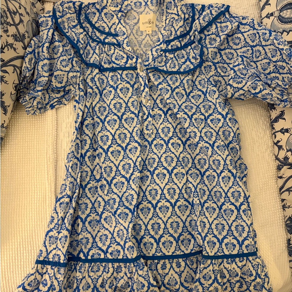 Umgee Blue & White Printed Ruffle Dress with Puff Sleeves